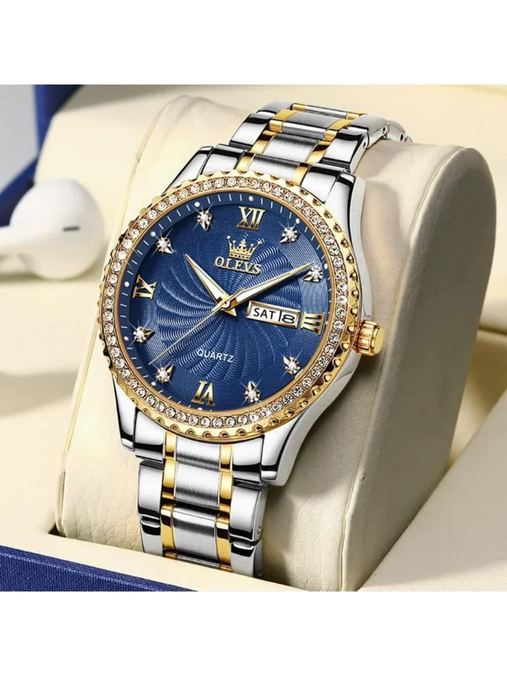 Men's Gold Blue Big Dial Analog Quartz Stainless Steel Relojes Waterproof Watch